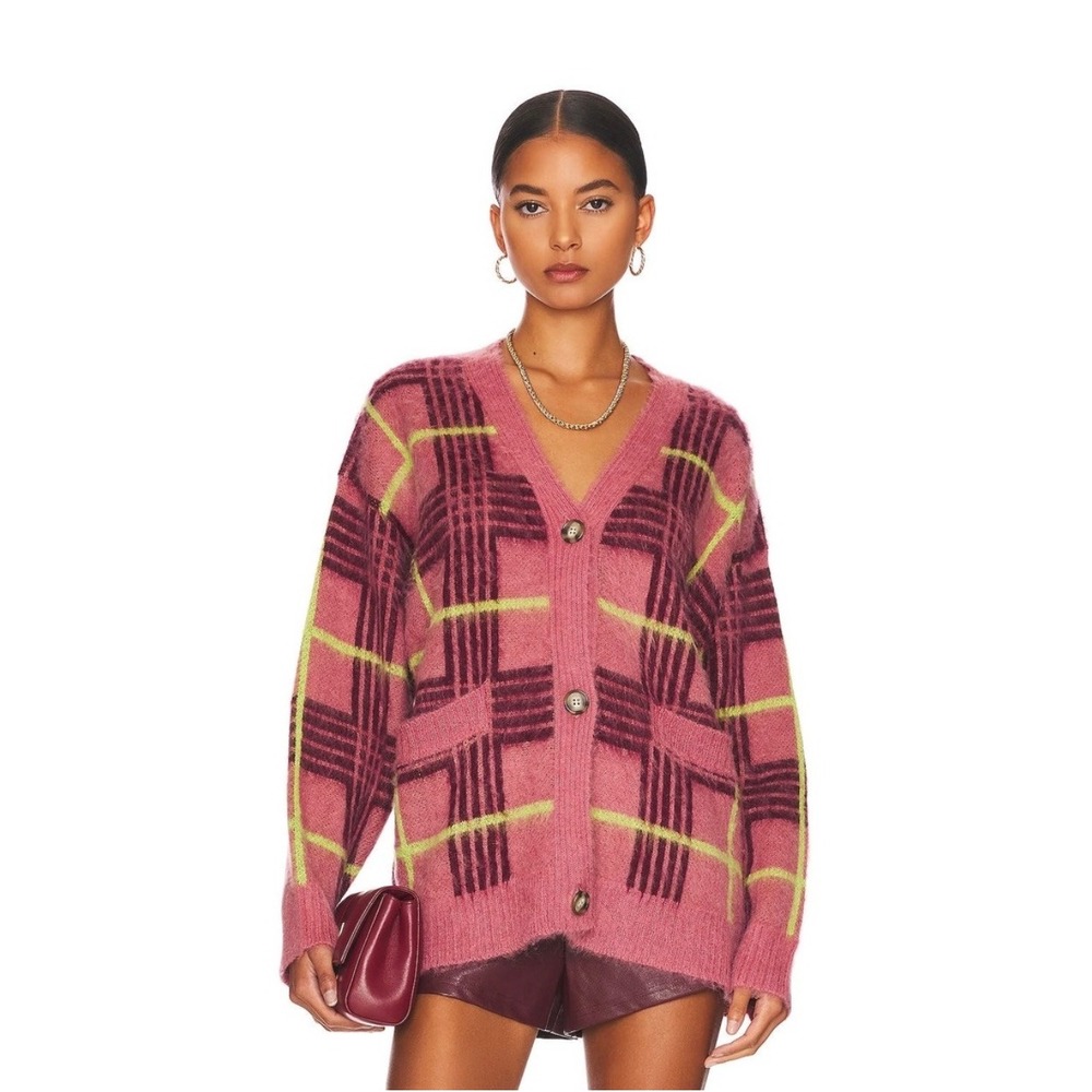 Daydreamer Plaid Soft Mohair Blend Oversized Cardigan Sweater Small